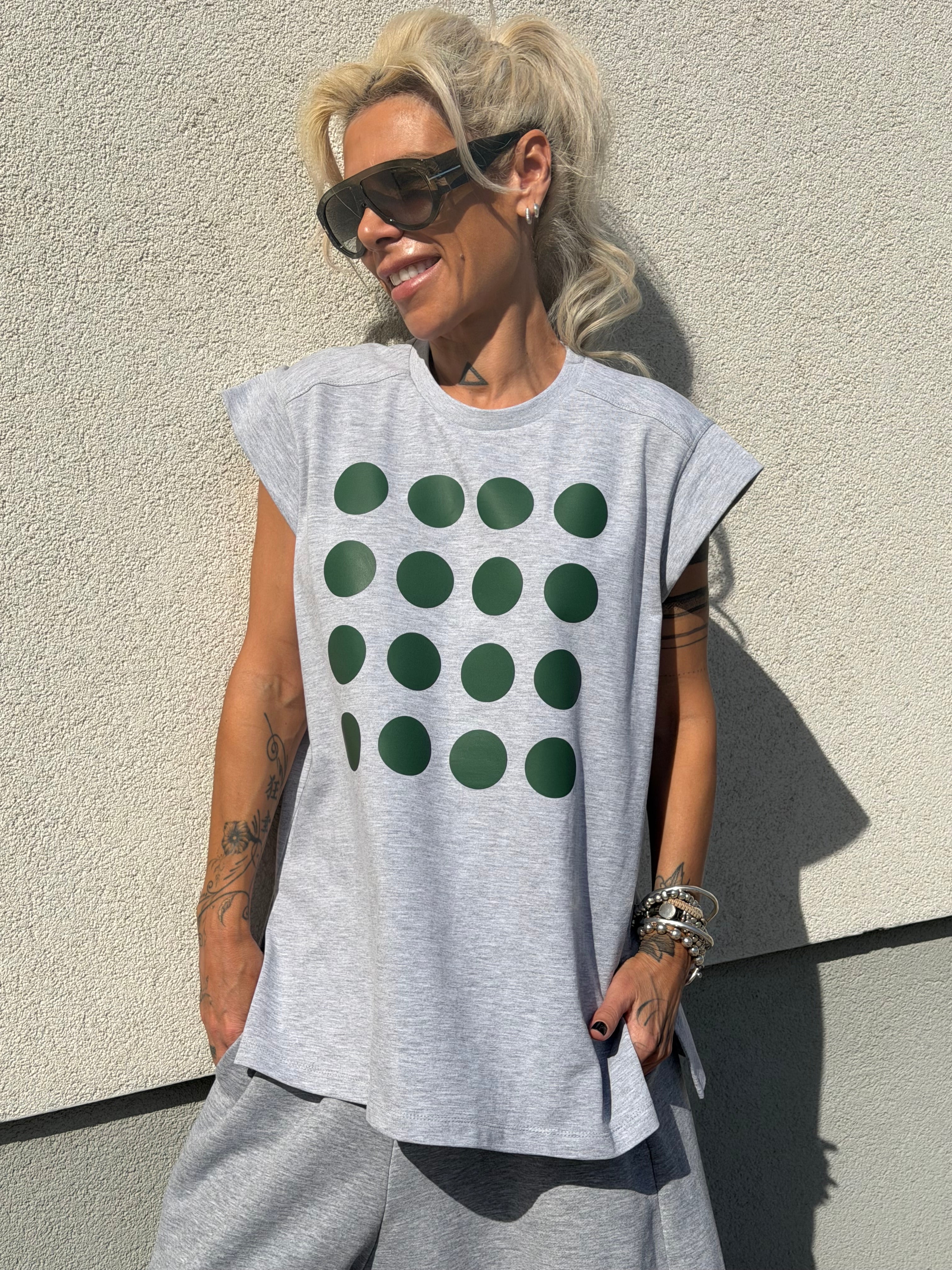 Grey Oversized T-Shirt with Green Dots