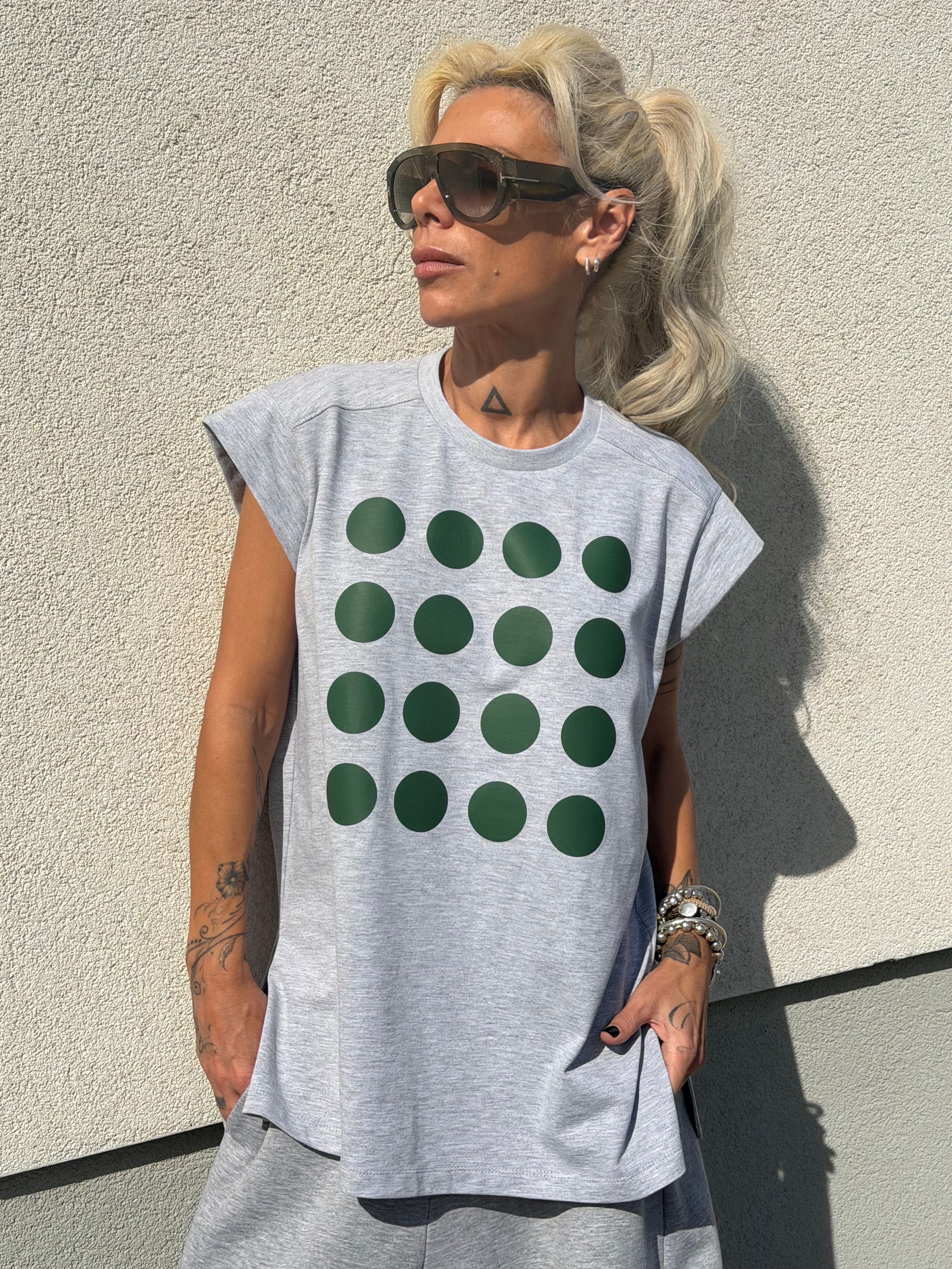 Grey Oversized T-Shirt with Green Dots