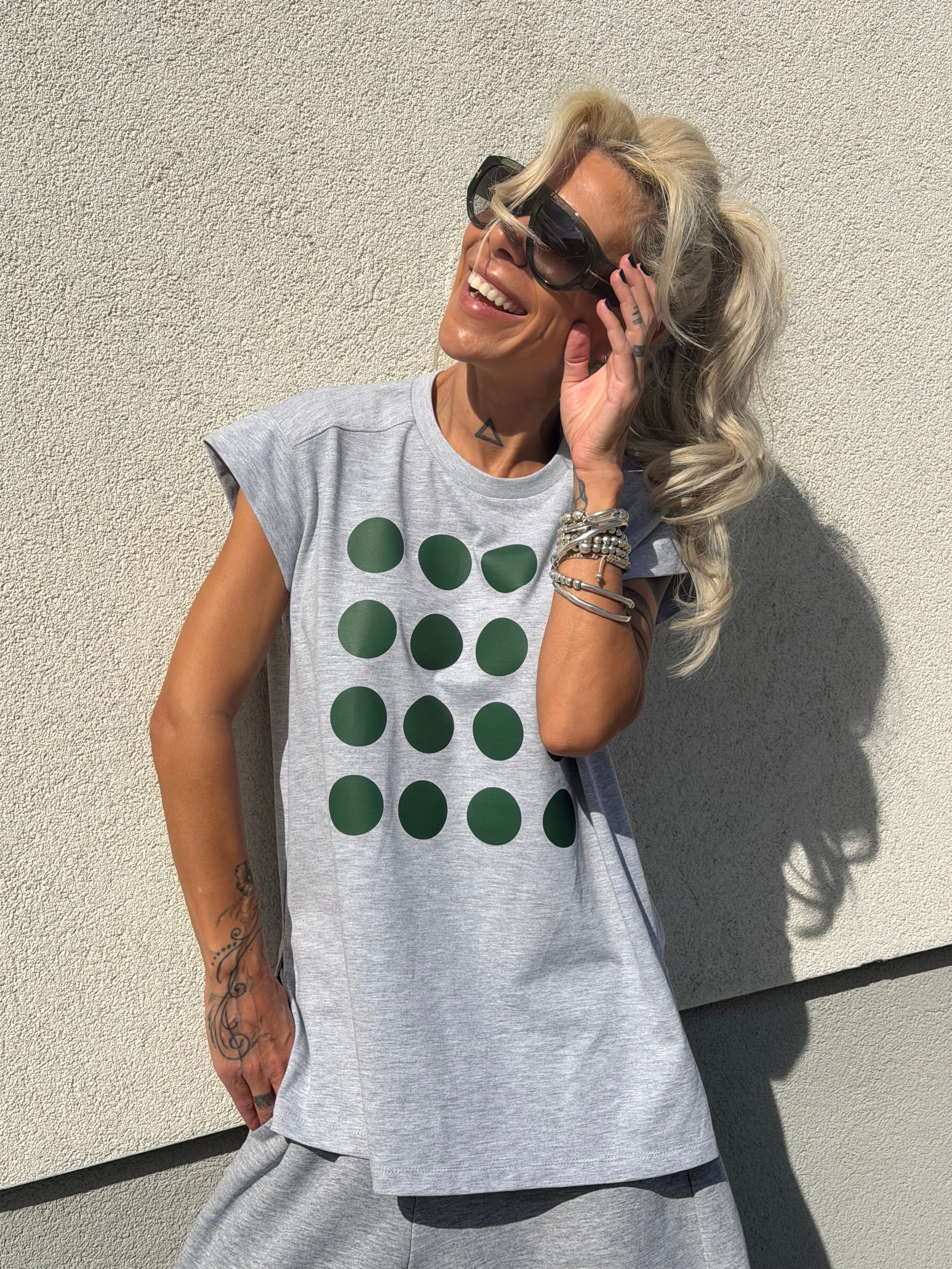Grey Oversized T-Shirt with Green Dots