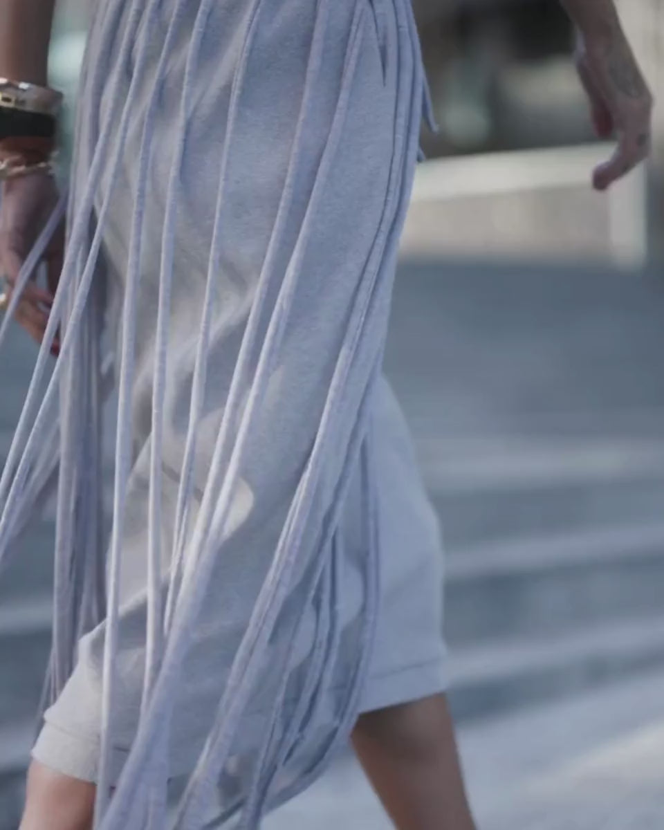 Grey Fringe Midi Dress featuring dramatic fringe panels and a high-waisted silhouette, perfect for movement.