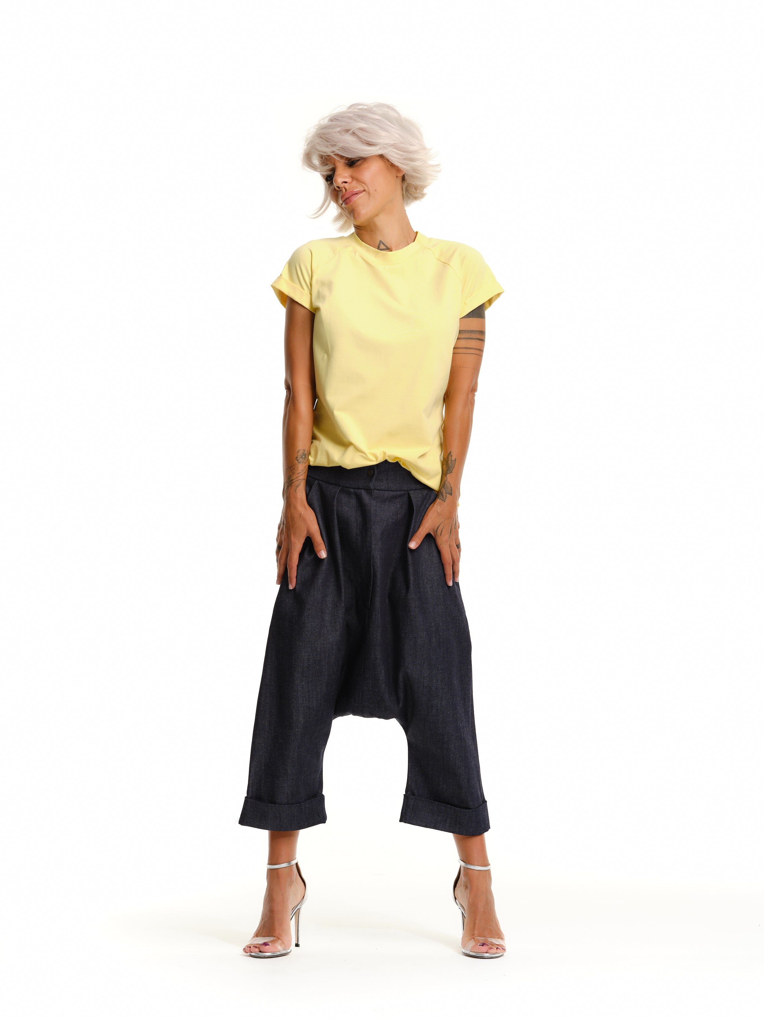 Denim Drop-Crotch Pants with Pockets