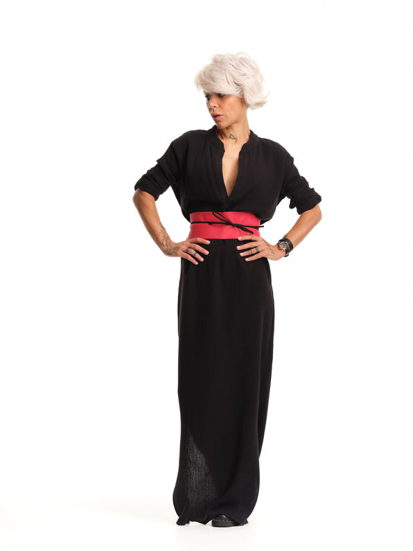 Maxi Black Shirt Dress with Red Vegan Leather Belt