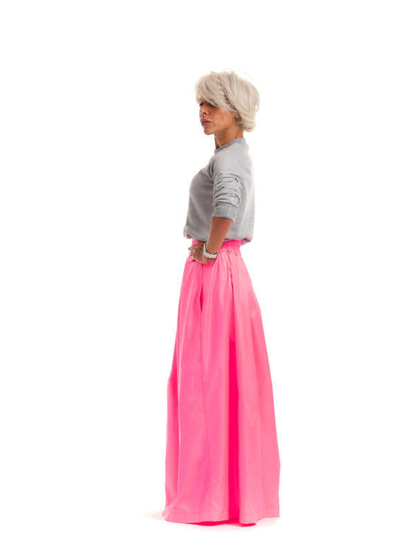High-Waisted Neon Pink Maxi Skirt with Elastic Waistband