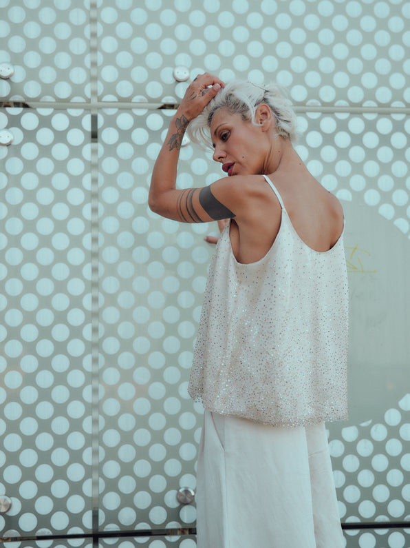 Relaxed Cream Tank Top with Soft Glitters