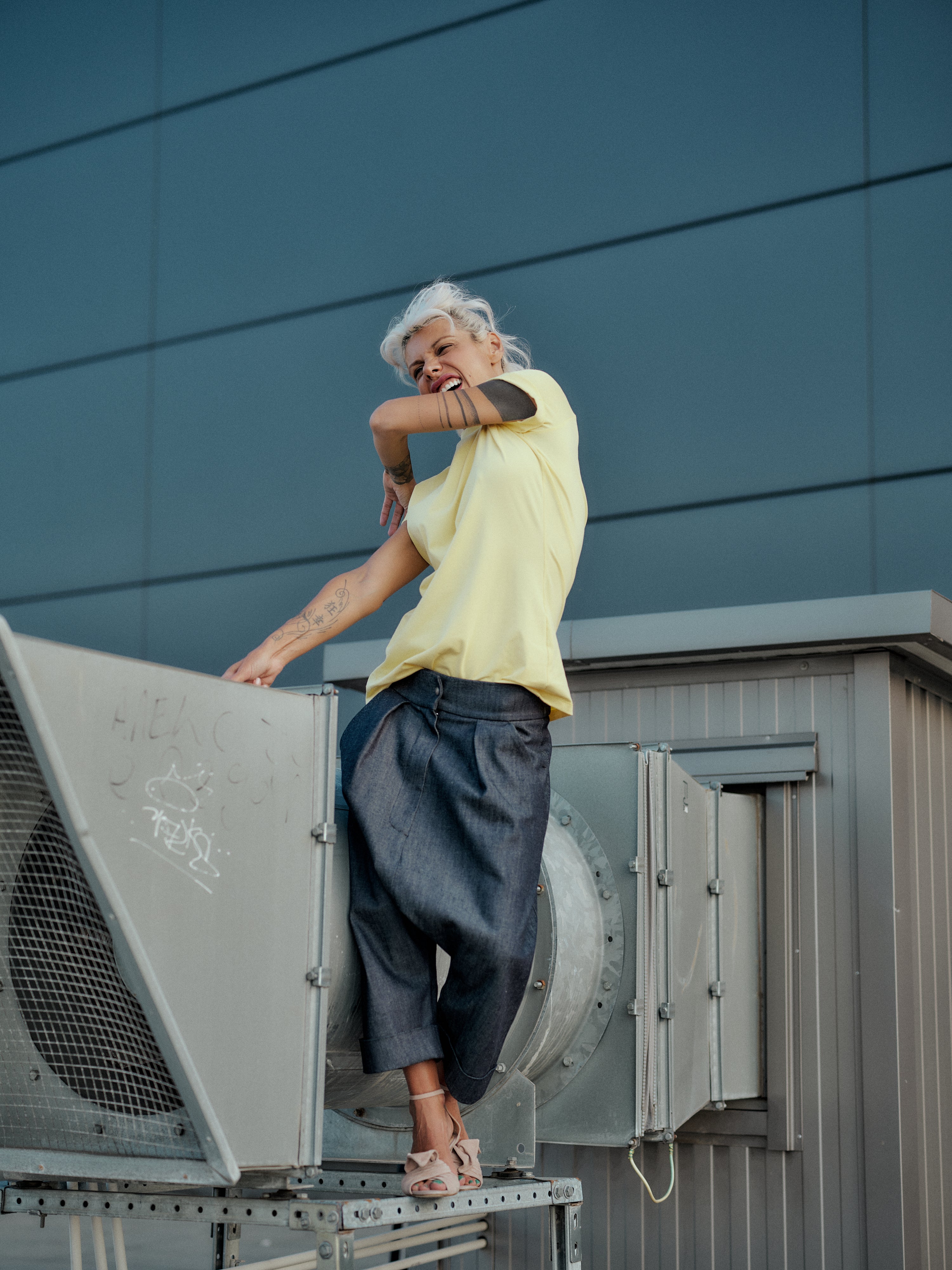 Denim Drop-Crotch Pants with Pockets