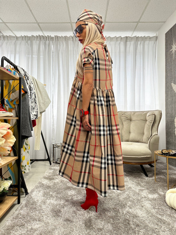 Midi Checked Print Babydoll Dress