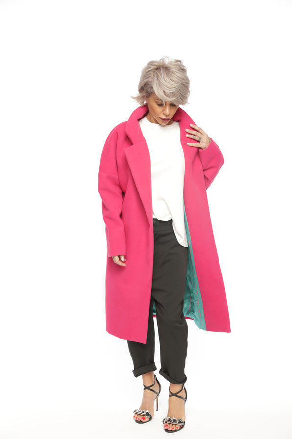 Relaxed Pink Color Blocking Coat with Teal Lining