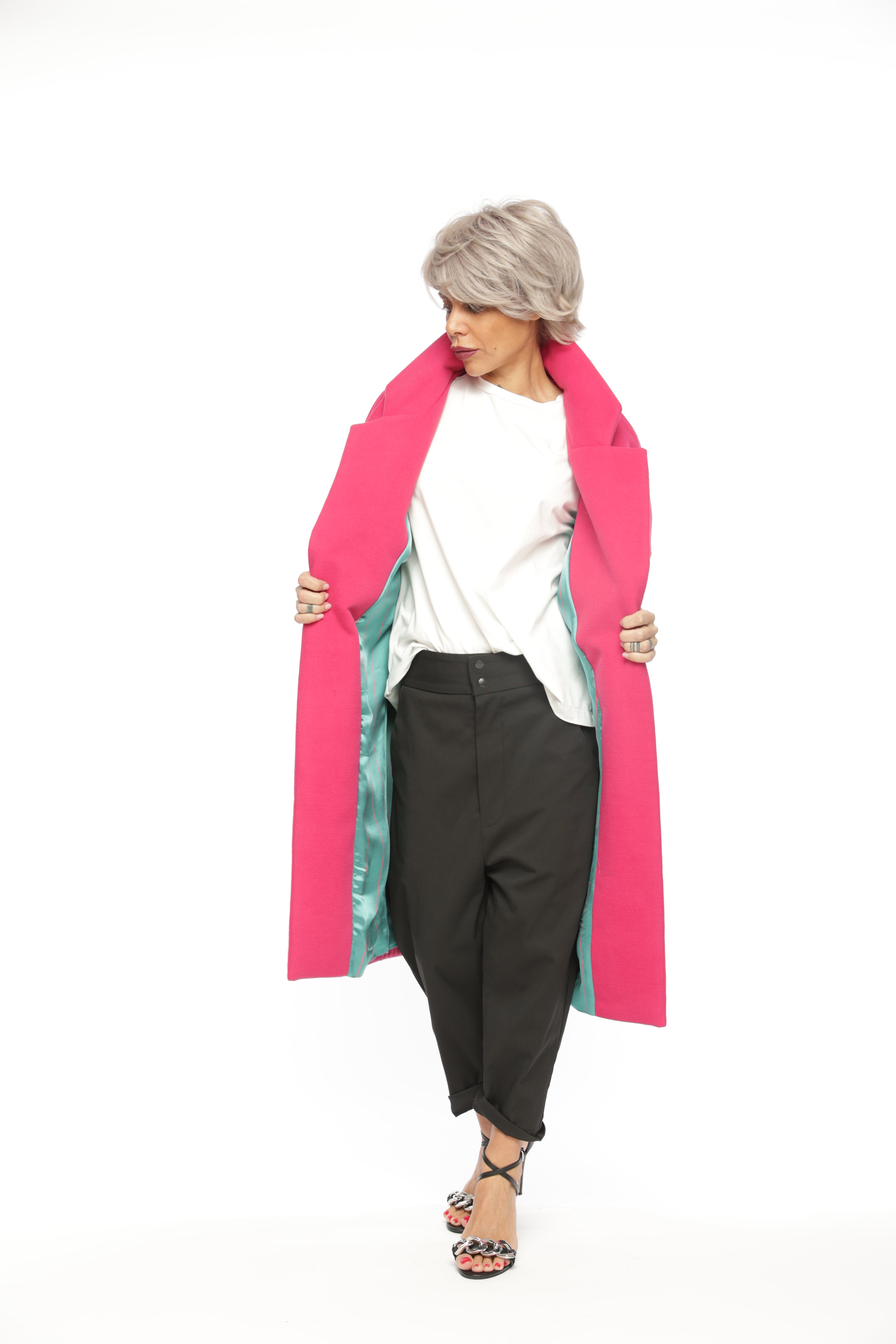 Relaxed Pink Color Blocking Coat with Teal Lining