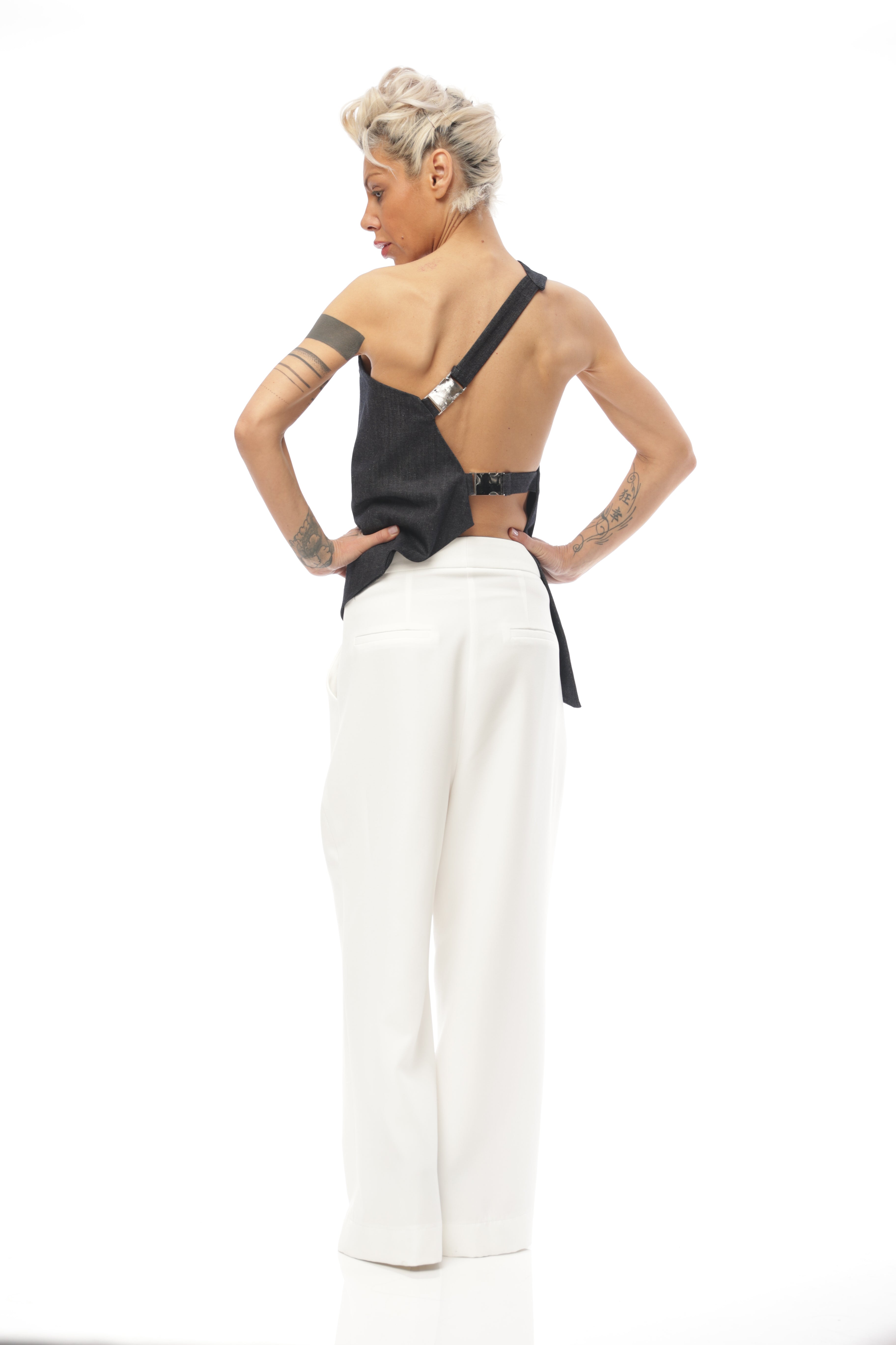 Techwear Inspired Open-Back Denim Top with Buckle Details