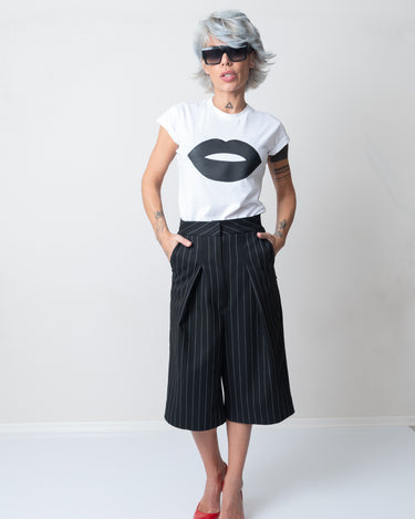 White T Shirt Blouse with Short Sleeves and Leatherette Lips - Clothes By Locker Room