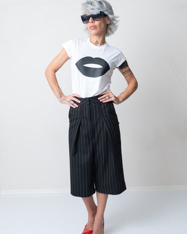 White T Shirt Blouse with Short Sleeves and Leatherette Lips - Clothes By Locker Room