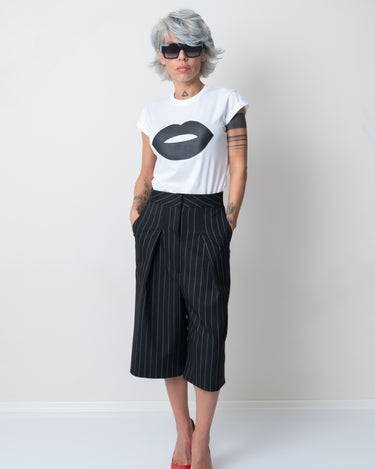 White T Shirt Blouse with Short Sleeves and Leatherette Lips - Clothes By Locker Room