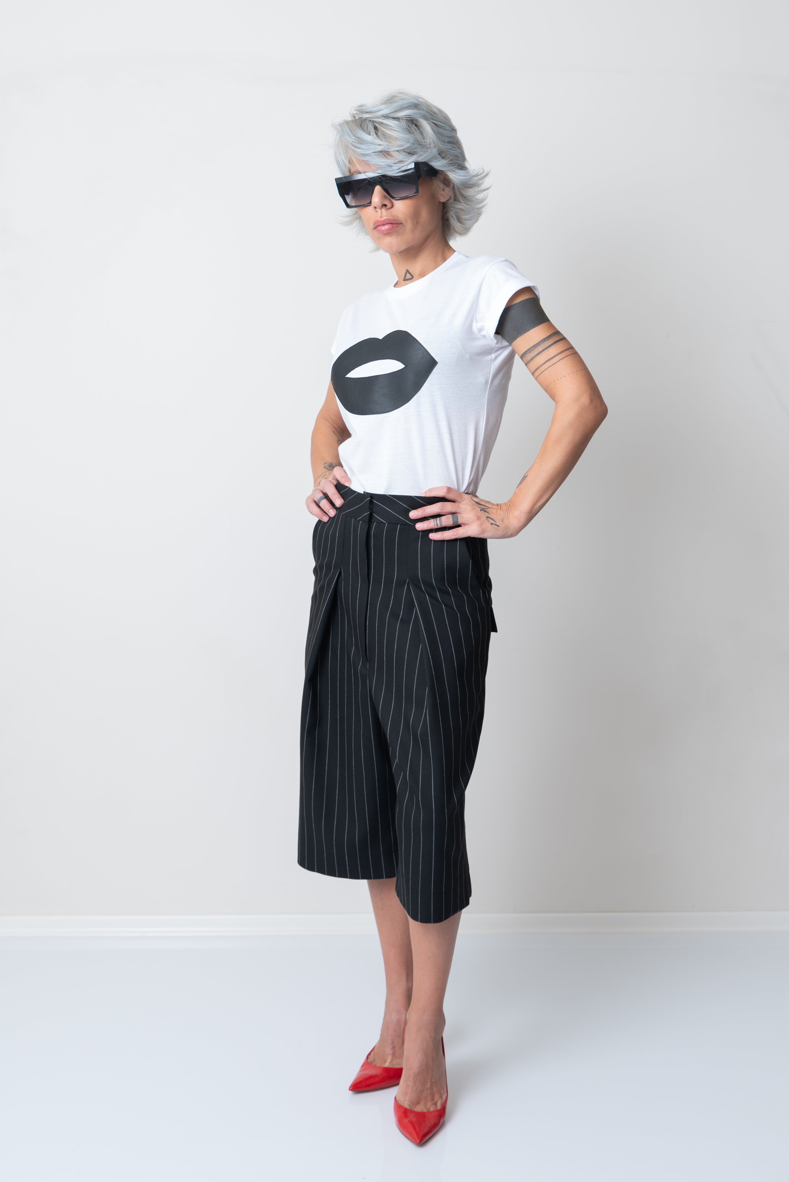 White T Shirt Blouse with Short Sleeves and Leatherette Lips - Clothes By Locker Room