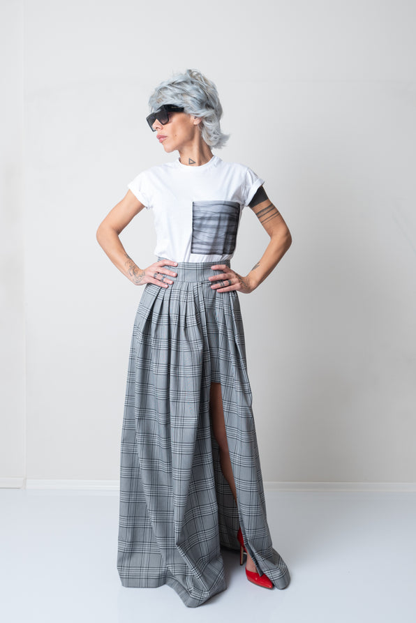 Women Maxi High Waisted Check Long Skirt with Short Pants Underneath - Clothes By Locker Room