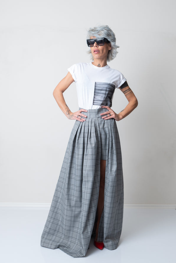 Women Maxi High Waisted Check Long Skirt with Short Pants Underneath - Clothes By Locker Room