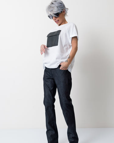 White T Shirt Blouse with Front Leatherette Pocket - Clothes By Locker Room