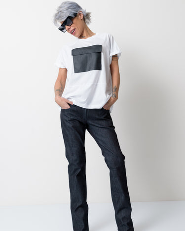 White T Shirt Blouse with Front Leatherette Pocket - Clothes By Locker Room