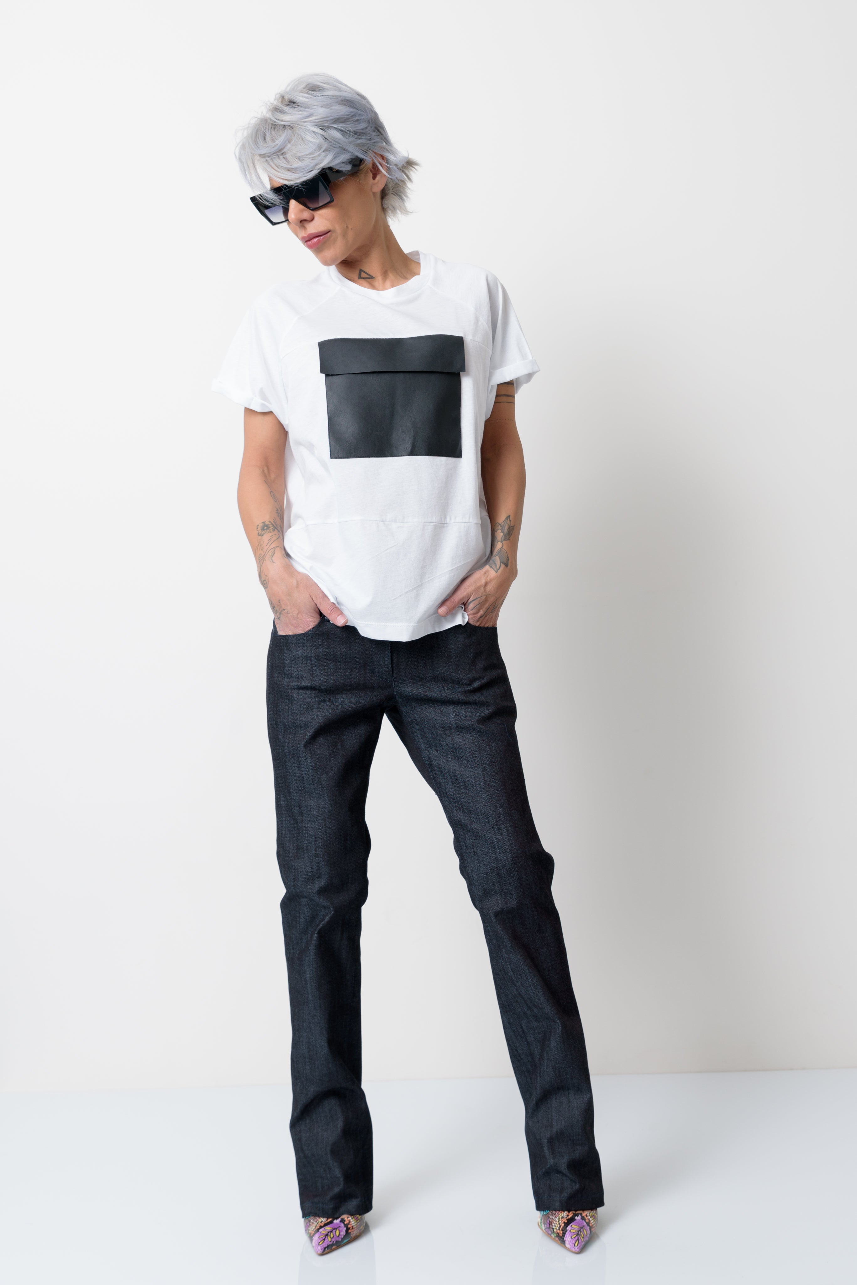 White T Shirt Blouse with Front Leatherette Pocket - Clothes By Locker Room