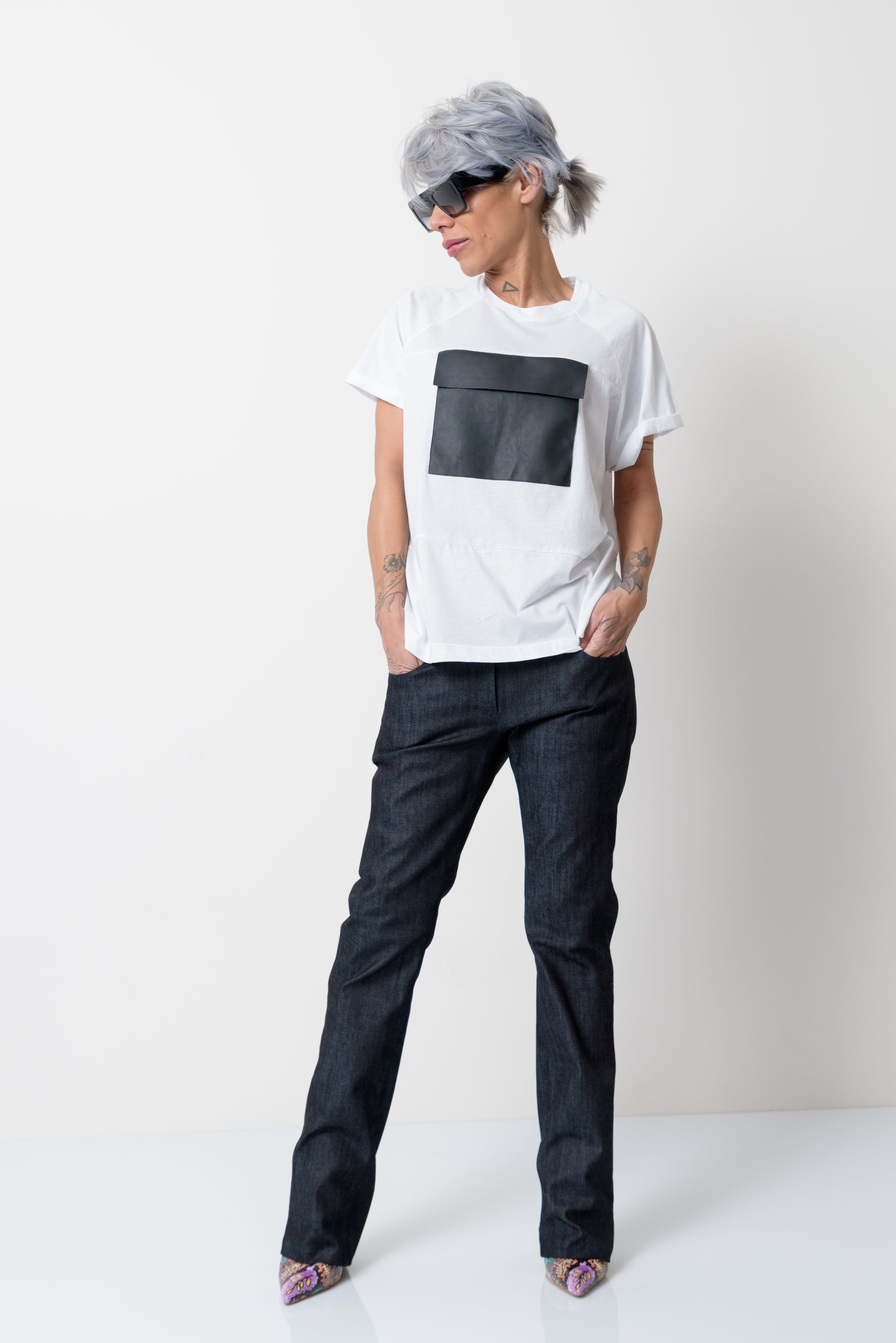 White T Shirt Blouse with Front Leatherette Pocket - Clothes By Locker Room