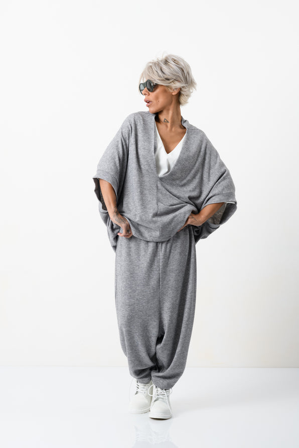 3-Piece V-Neck Loungewear Co-Ord Set in Grey