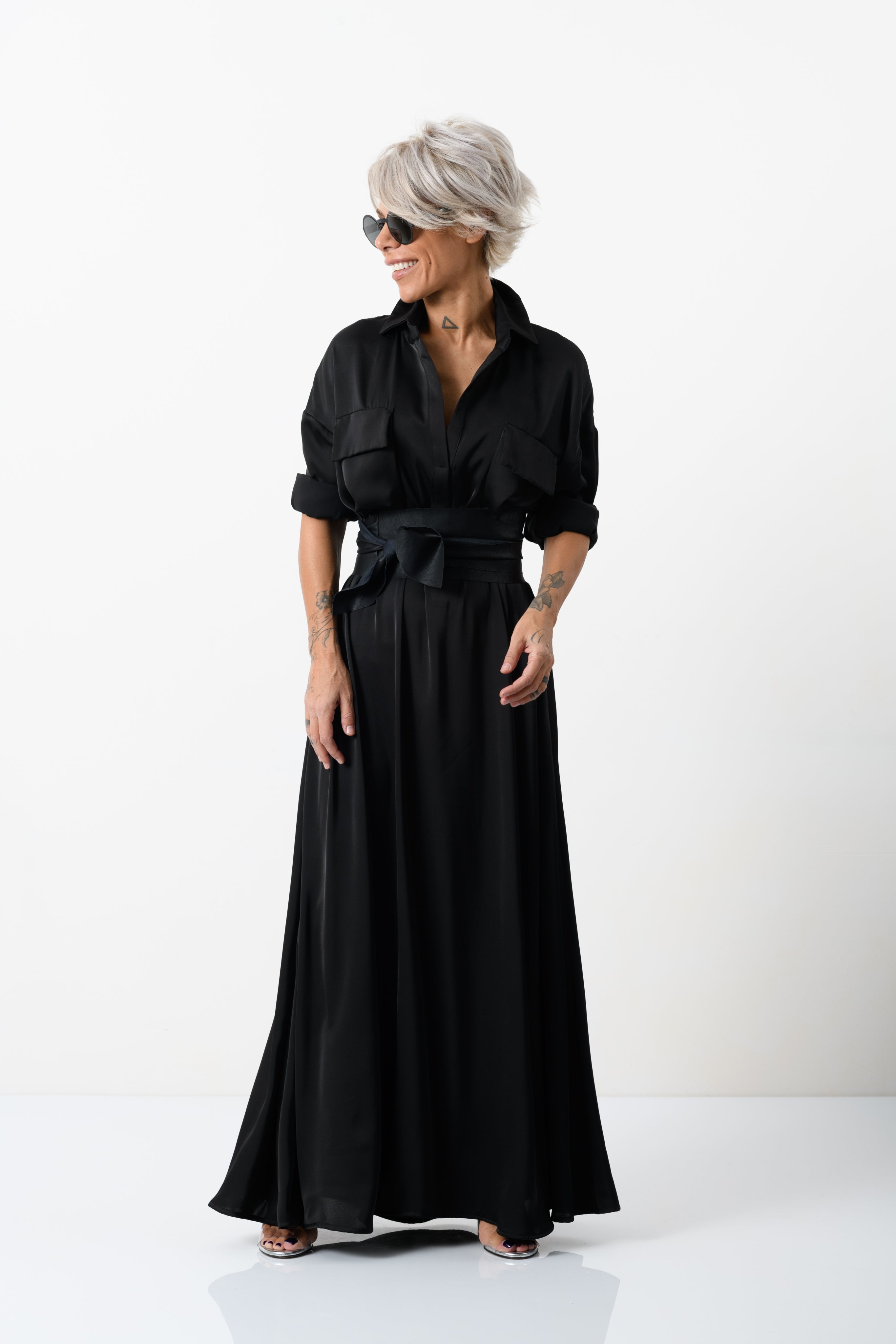 Elegant Maxi Black Shirt Dress with Vegan Leather Belt