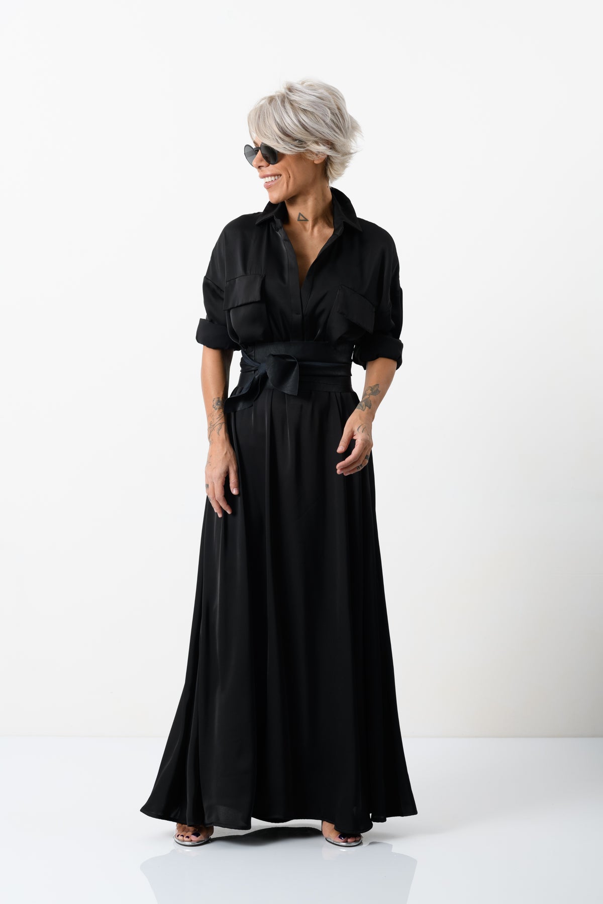 black shirt dress Elegant Maxi with Vegan Leather Belt meta18-24 Sweet 16 Dresses | Elegant A US Size:XXL - US 12