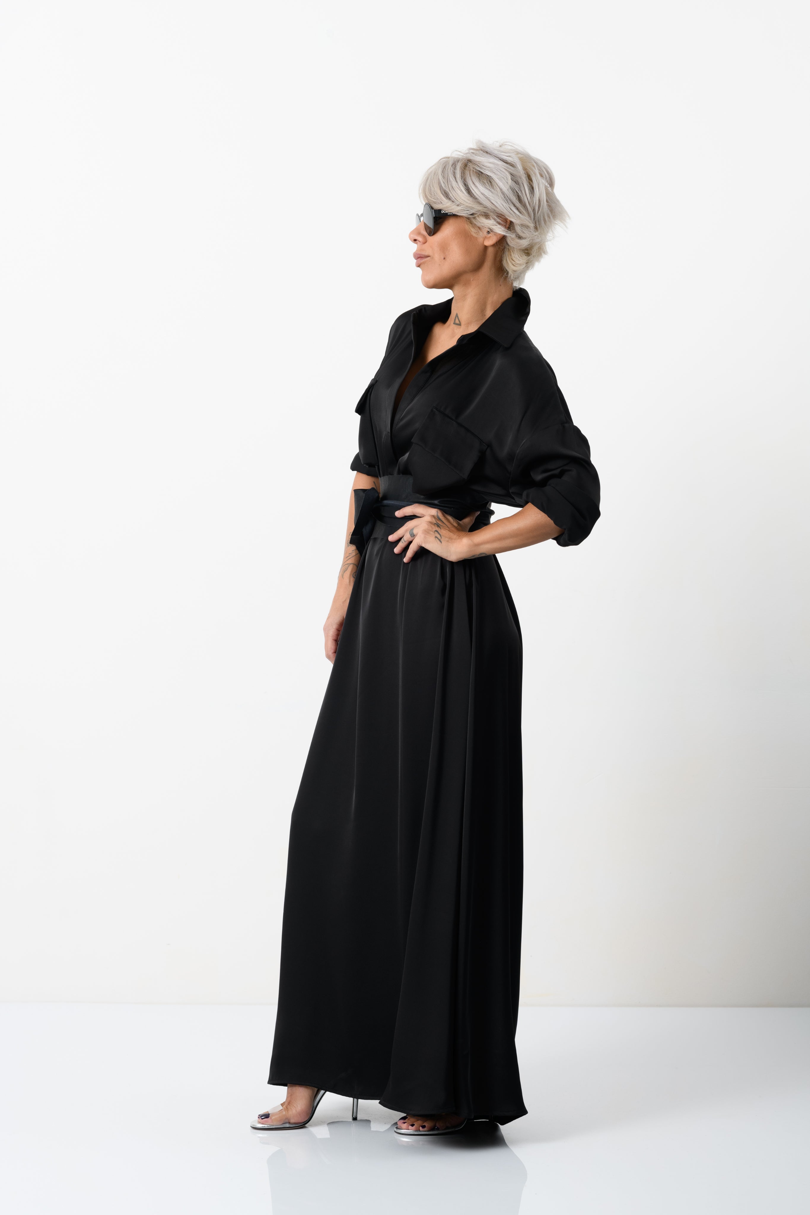 Elegant Maxi Black Shirt Dress with Vegan Leather Belt