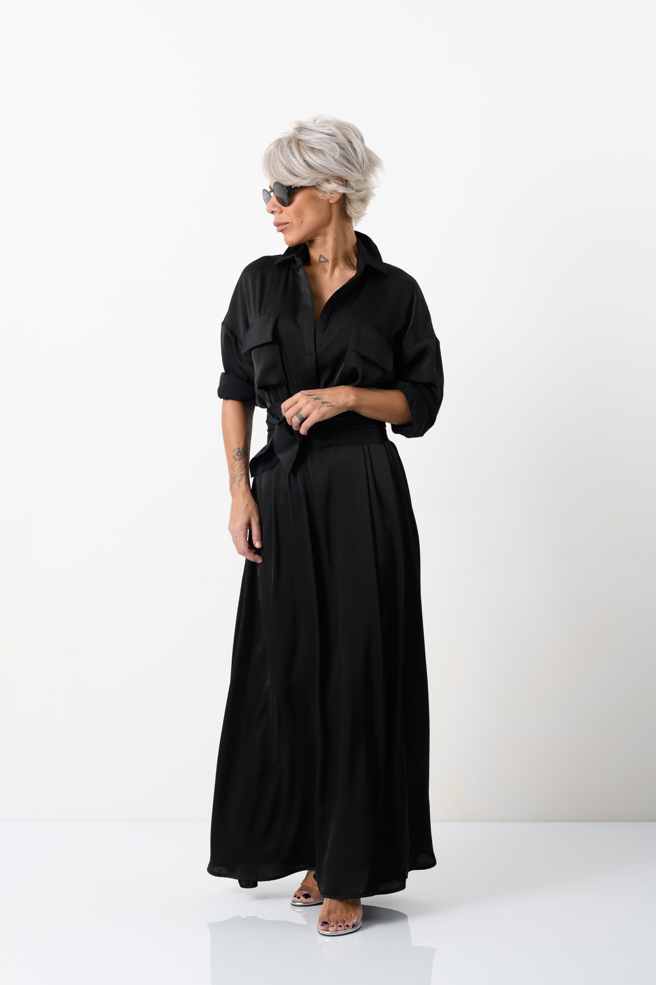 shirt dress elegant Maxi Elegant Linen Shirt Dress with Short Sleeves & Side Pockets in Bl