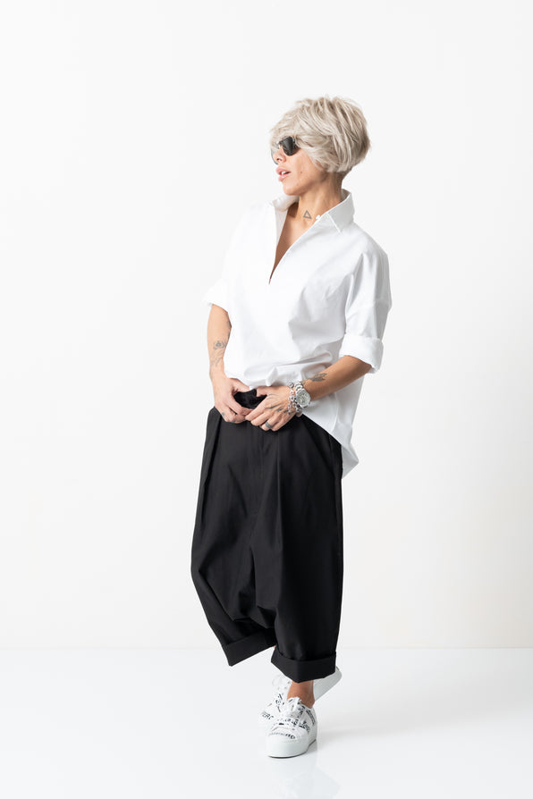 Black Drop Crotch Trousers with Pockets