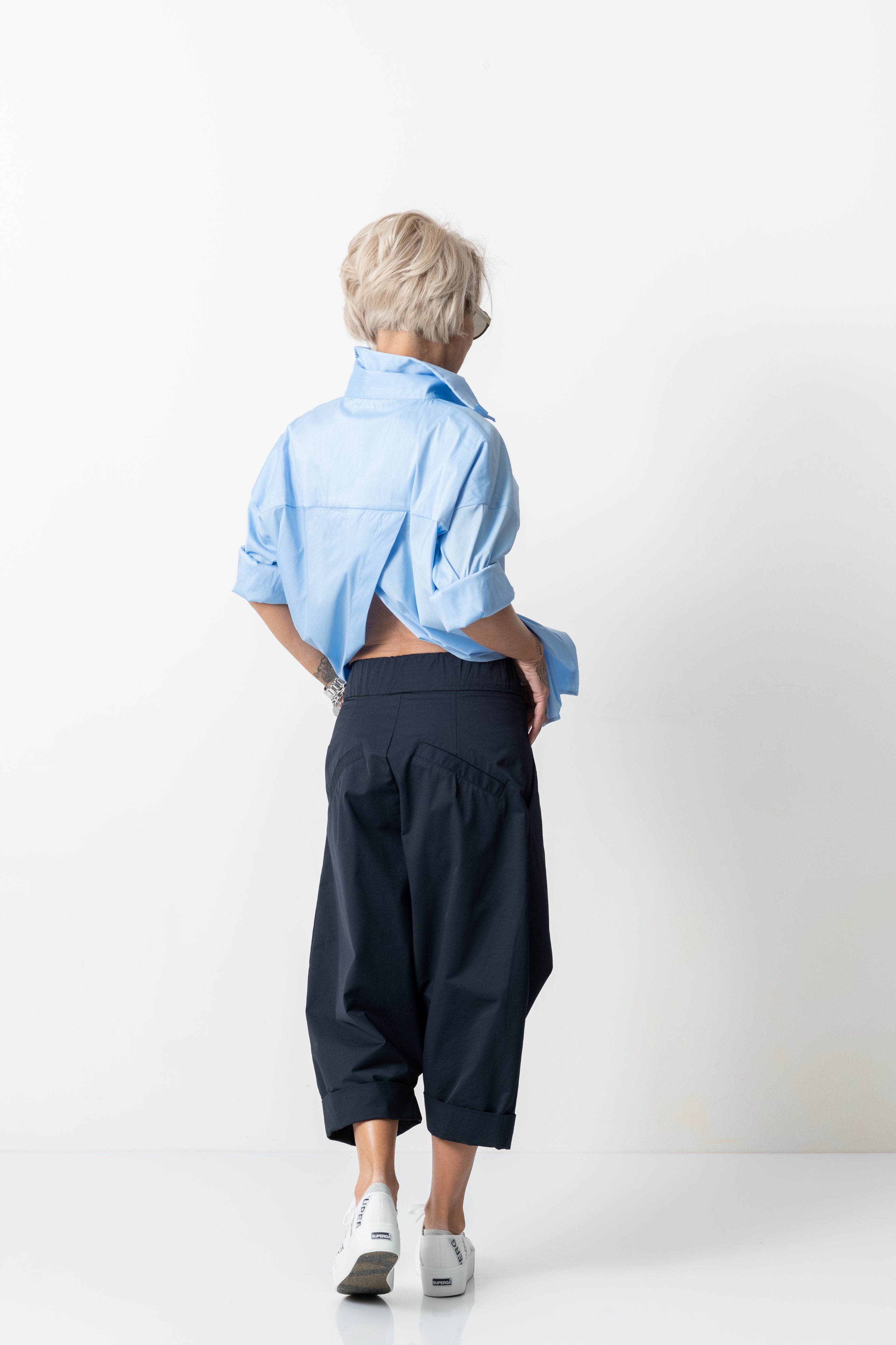 Blue Drop Crotch Casual Pants with Side Pockets
