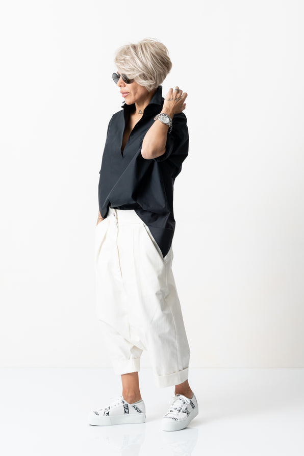 White Drop Crotch Casual Pants with Side Pockets