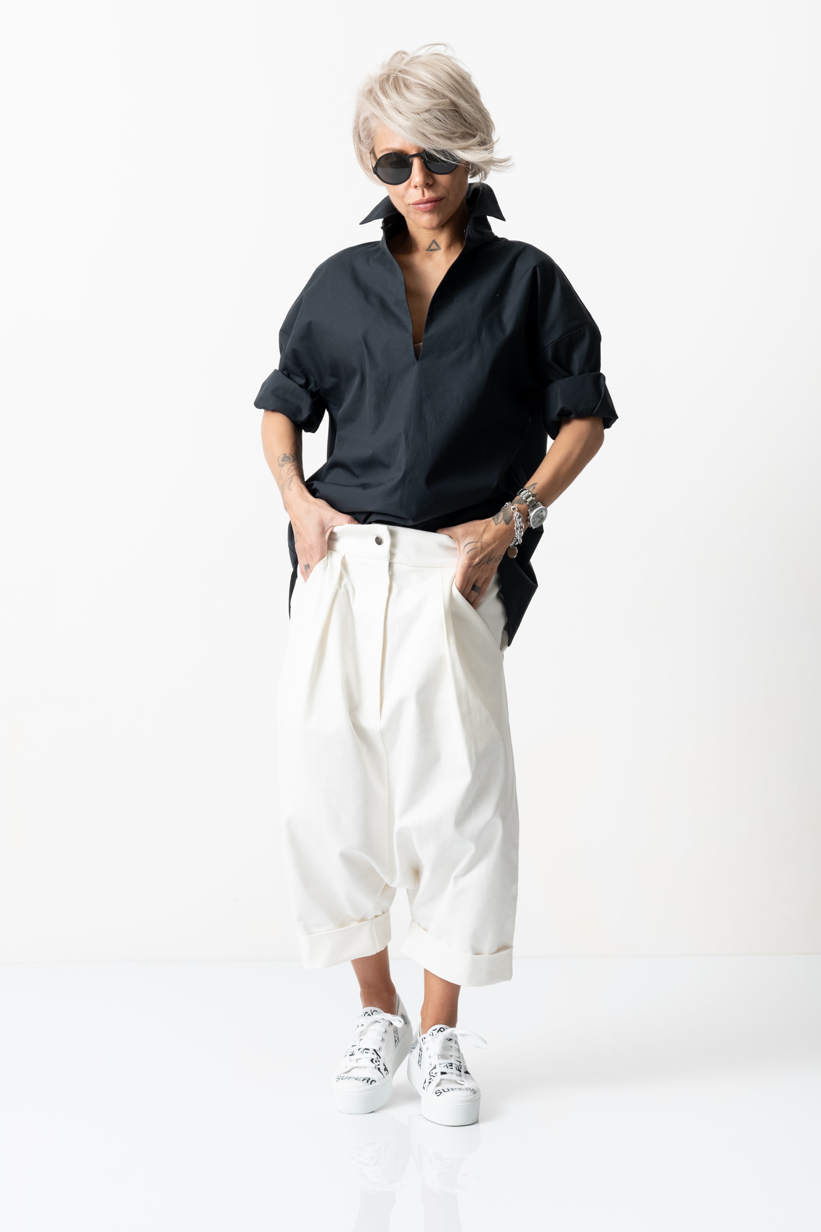 White Drop Crotch Casual Pants with Side Pockets