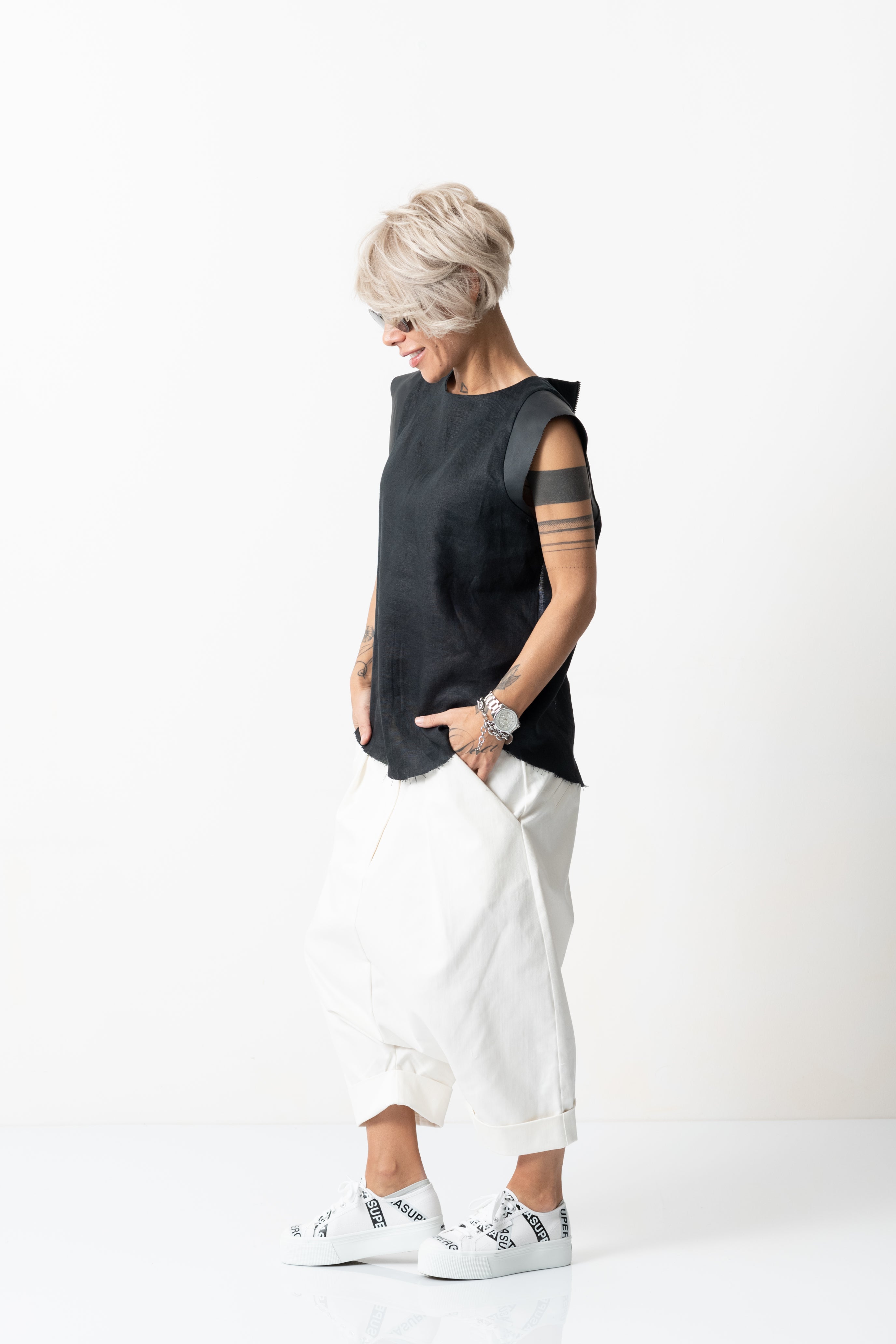 Black Linen Leatherette Tank Top with Open Back