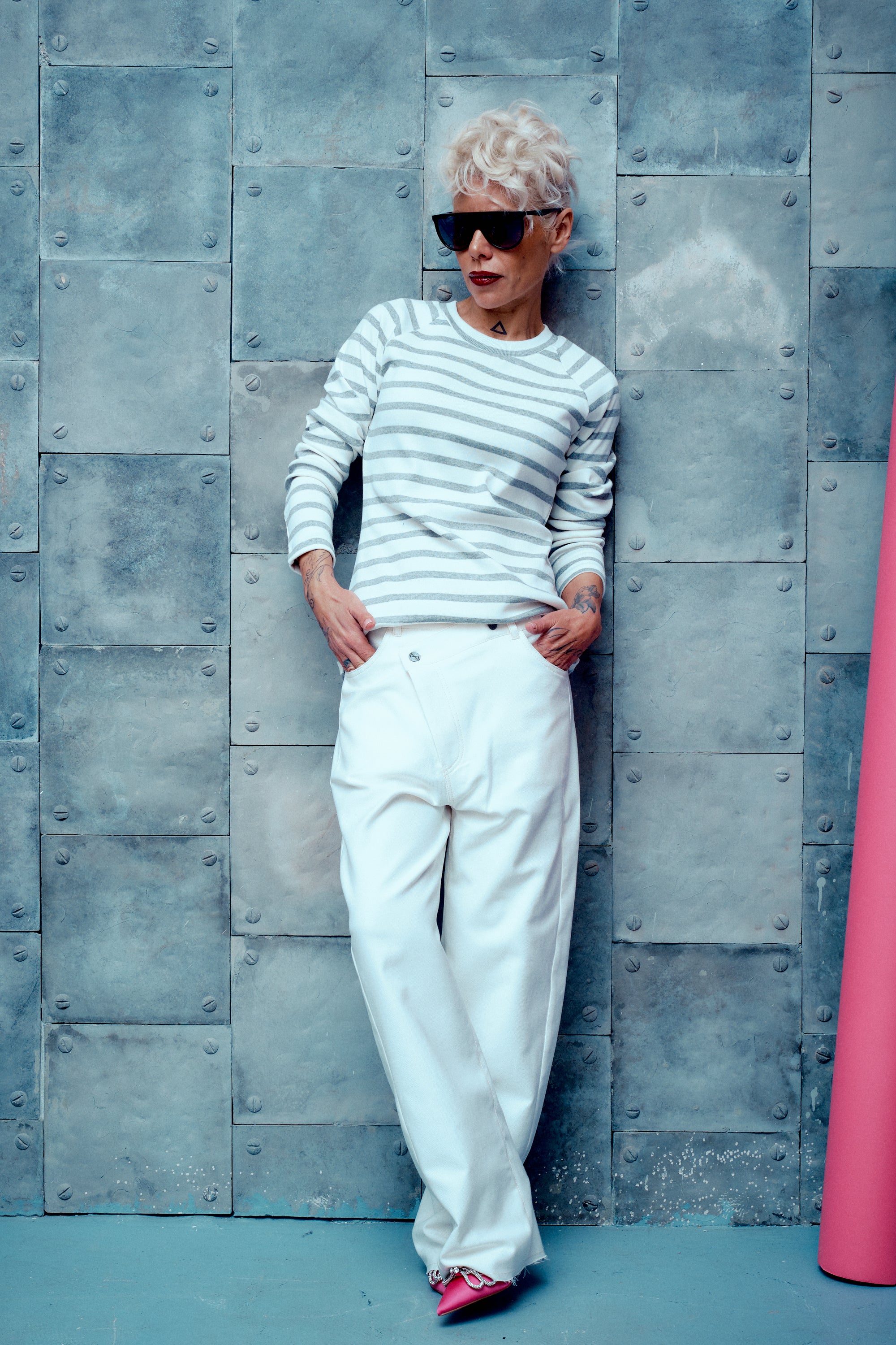 White Asymmetric Closure Wide-Leg Jeans