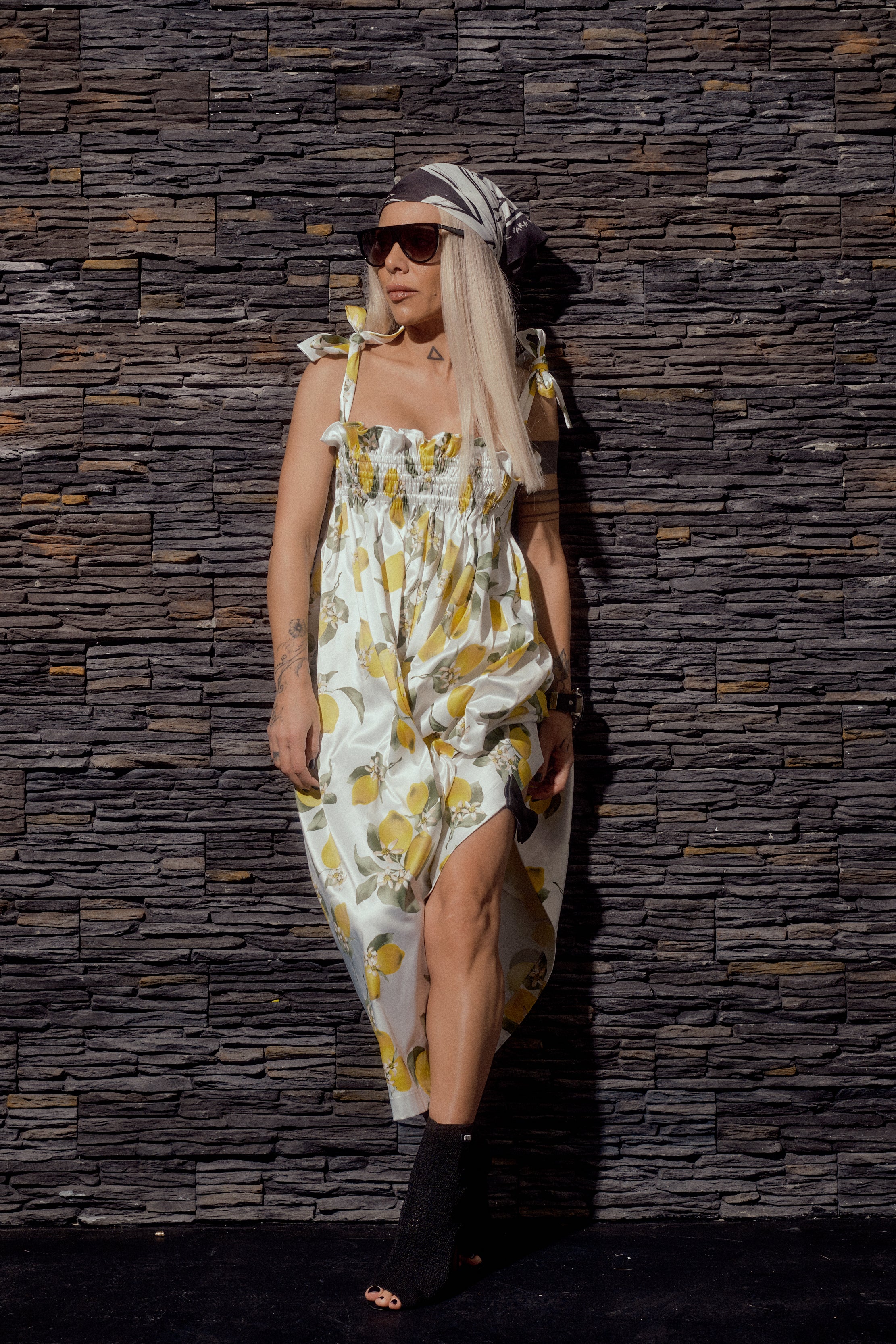 Lemon Print Tie Strap Maxi Dress