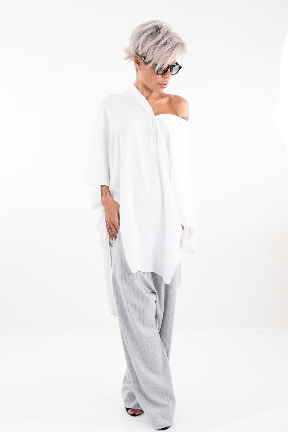 White Loose Oversize Shirt with Falling Shoulder - Clothes By Locker Room