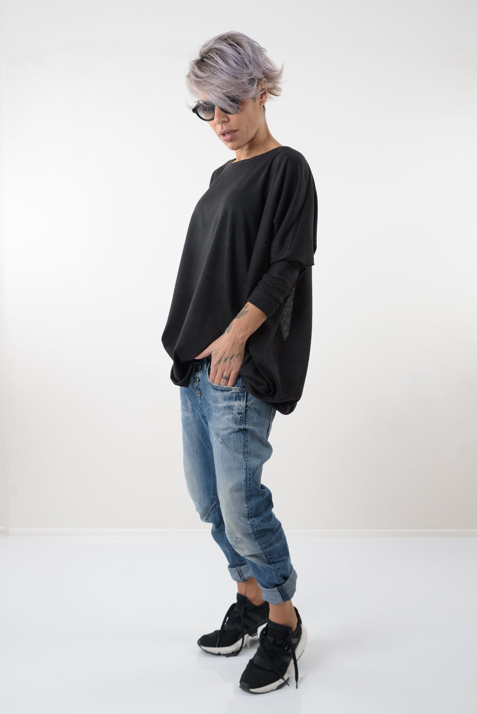 Black Oversize Asymmetric Knitted Open Back Blouse - Clothes By Locker Room