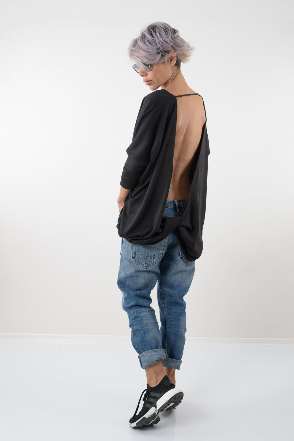 Black Oversize Asymmetric Knitted Open Back Blouse - Clothes By Locker Room
